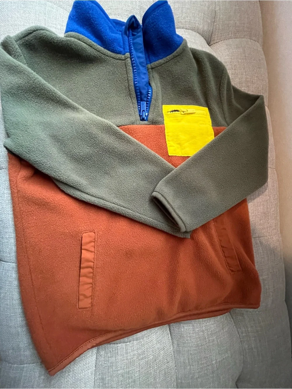 Old Navy Colorblock Zip-Up Fleece in Olive, Rust & Blue with Yellow Pocket
